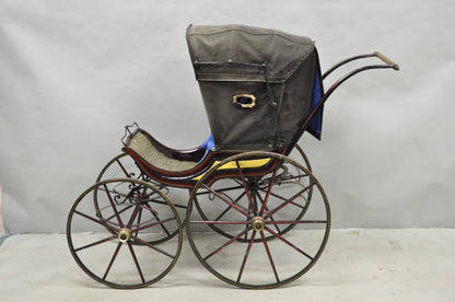 Antique Victorian Hand Painted Baby Carriage Buggy Stroller with Wooden Wheels