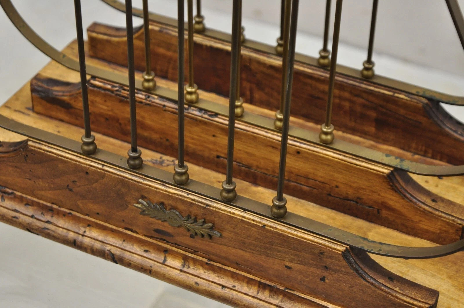 Vintage Italian Neoclassical Style Brass Lyre Harp Wooden Magazine Rack Stand