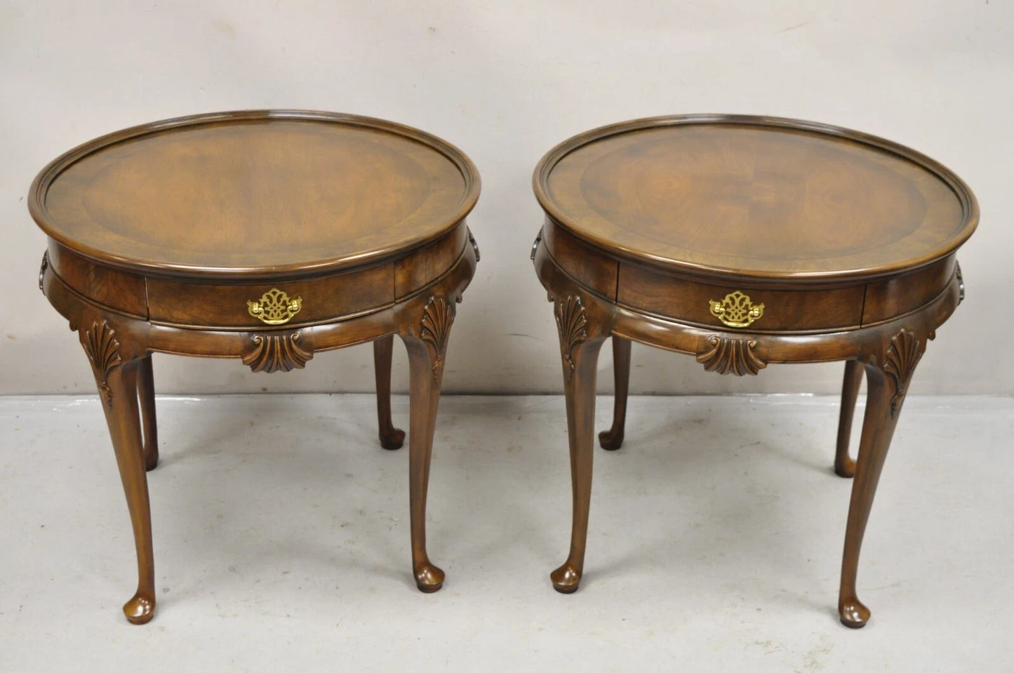 Vintage Baker English Queen Anne Style Burl Walnut Round Lamp End Tables - Pair