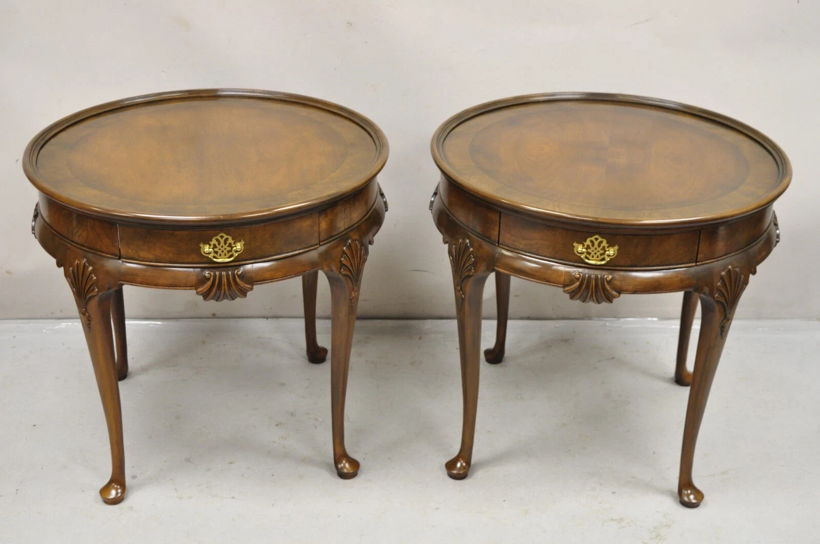 Vintage Baker English Queen Anne Style Burl Walnut Round Lamp End Tables - Pair