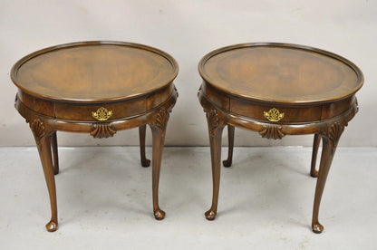 Vintage Baker English Queen Anne Style Burl Walnut Round Lamp End Tables - Pair