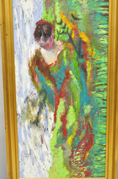 Large Impressionist Style Young Woman in Field Oil on Wood Board Framed Painting