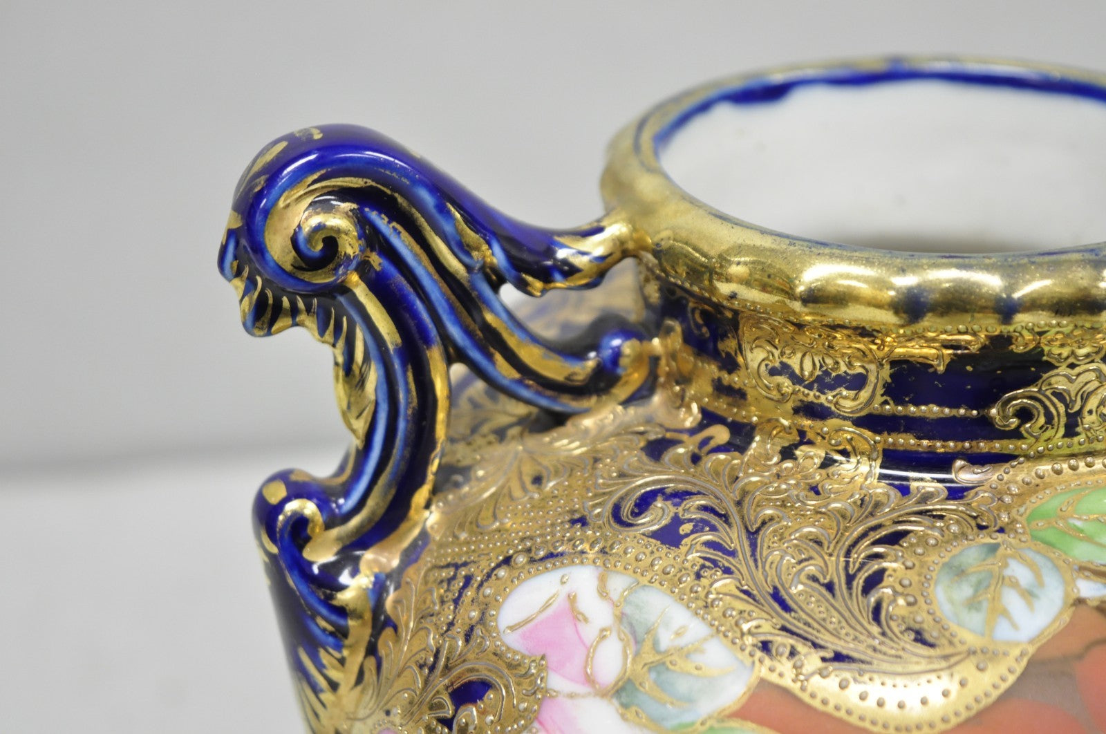 Antique Nippon Hand Painted Floral Design Cobalt Blue Porcelain Bolted Urn Vase