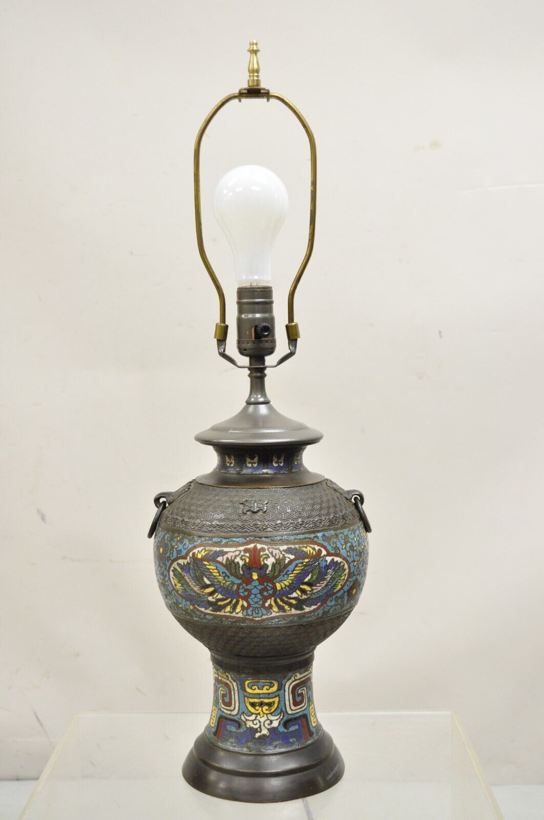 Antique Chinese Cloisonne Blue Porcelain Enamel  Bronze Figural Table Lamp