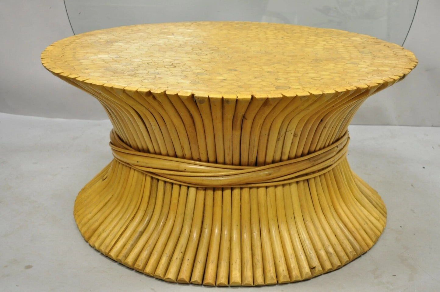 Hollywood Regency McGuire Style Sheaf of Wheat Bamboo 48" Glass Coffee Table