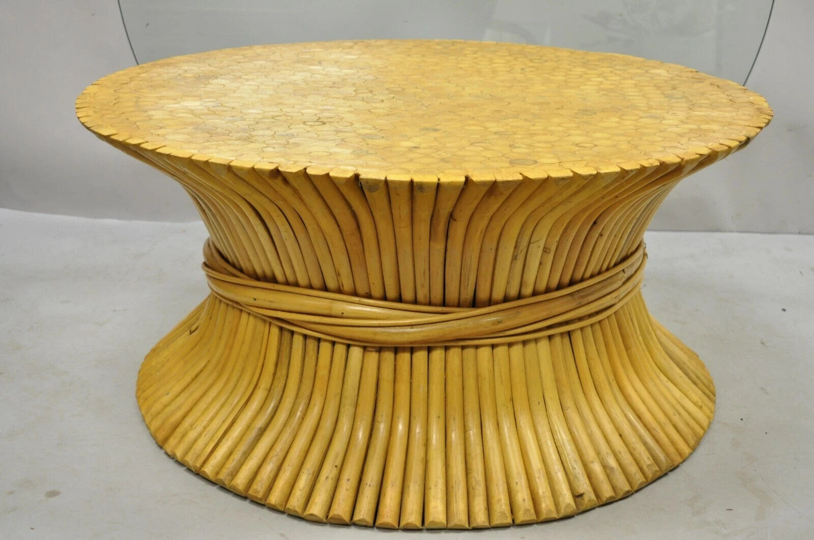 Hollywood Regency McGuire Style Sheaf of Wheat Bamboo 48" Glass Coffee Table