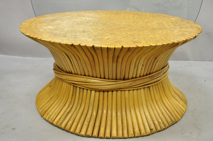 Hollywood Regency McGuire Style Sheaf of Wheat Bamboo 48" Glass Coffee Table