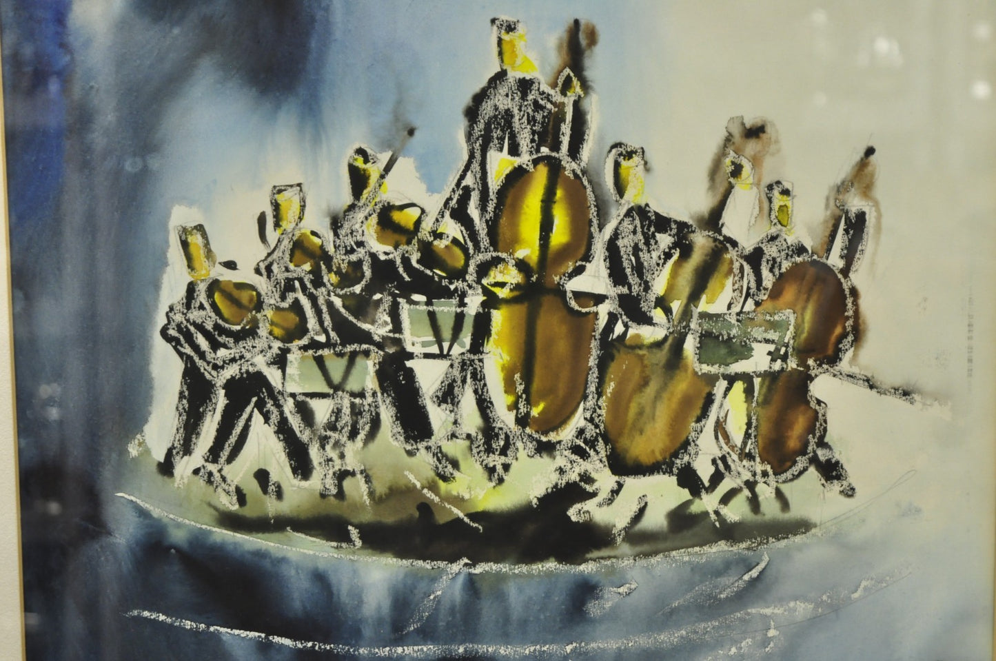 Itzhak Nesher (Austrian Israeli b 1929) "String Group" Judaica Watercolor Signed