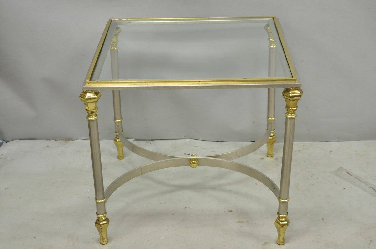 Vintage French Directoire Maison Jansen Style Steel Brass Low Square Side Table