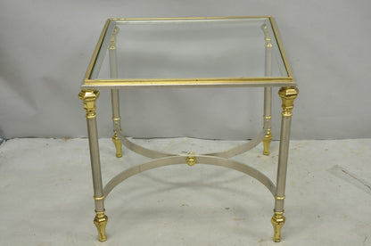 Vintage French Directoire Maison Jansen Style Steel Brass Low Square Side Table