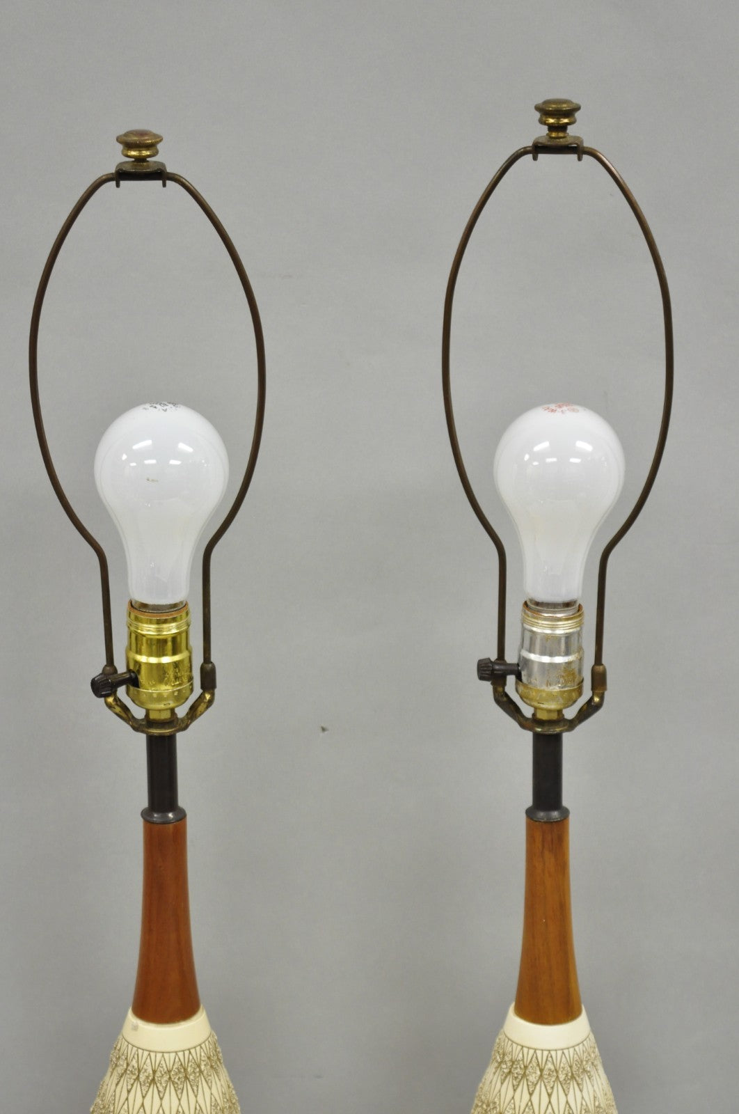 Vintage Mid Century Modern Sculpted Ceramic Pottery & Walnut Table Lamps - Pair