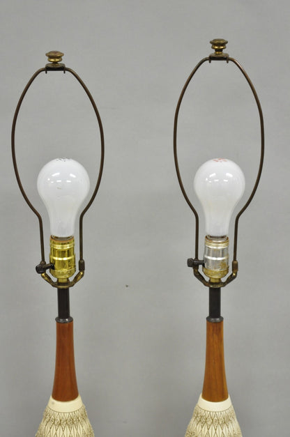 Vintage Mid Century Modern Sculpted Ceramic Pottery & Walnut Table Lamps - Pair