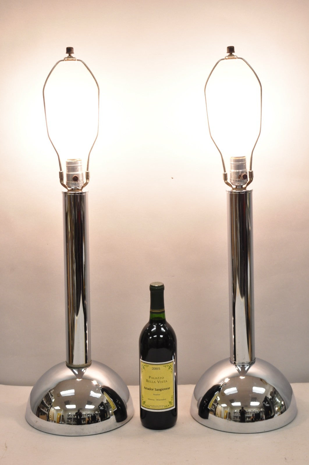 Vintage Mid Century Modern Chrome Ball Column Space Age Table Lamps - a Pair