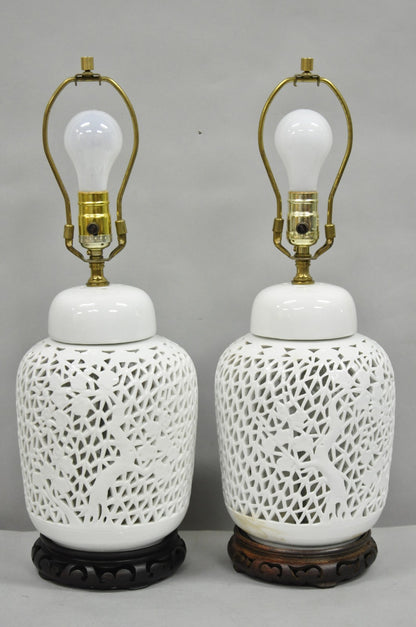 Chinoiserie White Blanc De Chine Porcelain Ginger Jar Oriental Table Lamp Pair