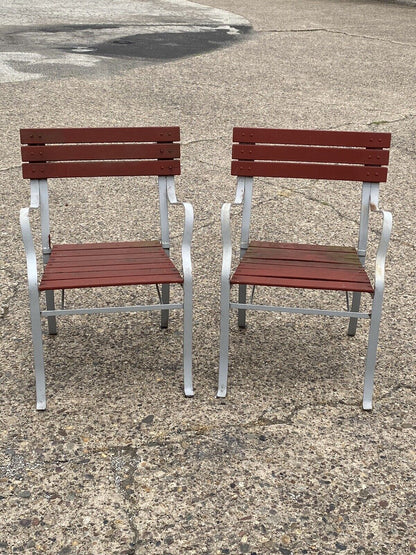 Vintage Wrought Iron and Wood Slat French Style Garden Outdoor Chairs - a Pair