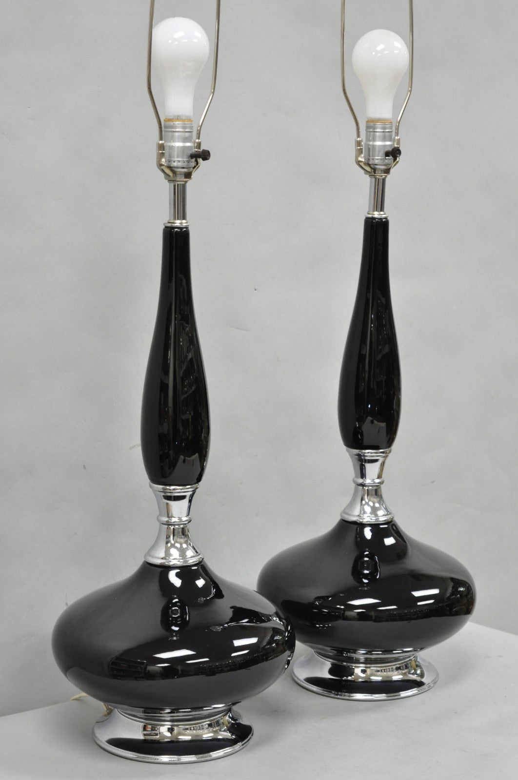 Vintage Mid Century Modern Black Glazed Ceramic & Chrome Table Lamps - a Pair