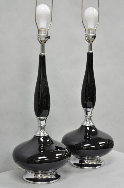 Vintage Mid Century Modern Black Glazed Ceramic & Chrome Table Lamps - a Pair