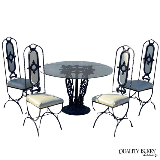 Vintage Hollywood Regency Curule Chair Wrought Iron Round Dining Set - 5 Pc Set
