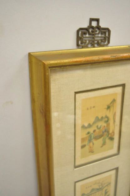 Vintage Asian Oriental Framed Art Prints with Narrow Gold Frames - a Pair
