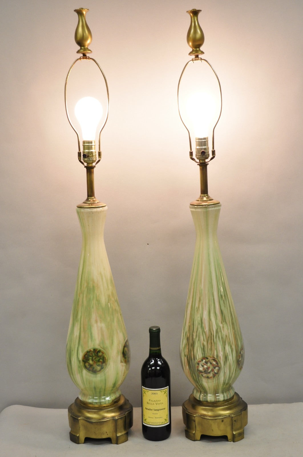 Vintage Mid Century Modern Italian Murano Green Blown Glass Table Lamps - a Pair