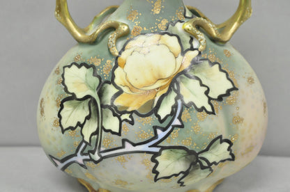 Antique Nippon Hand Painted Porcelain Twin Branch Handle Yellow Rose Small Vase