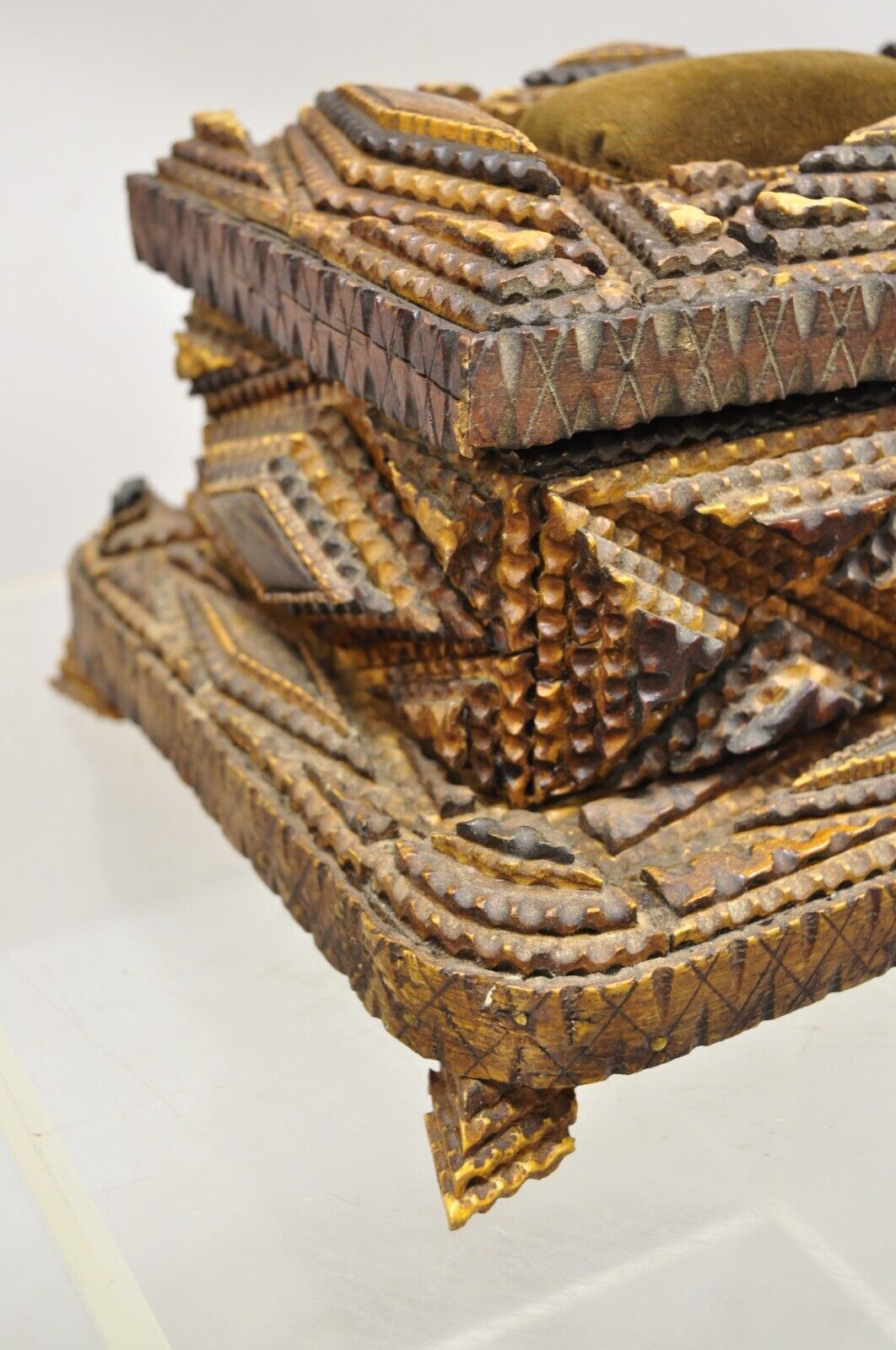 Antique Tramp Art Diamond 2 Tier Hinged Wood Jewelry Presentation Box