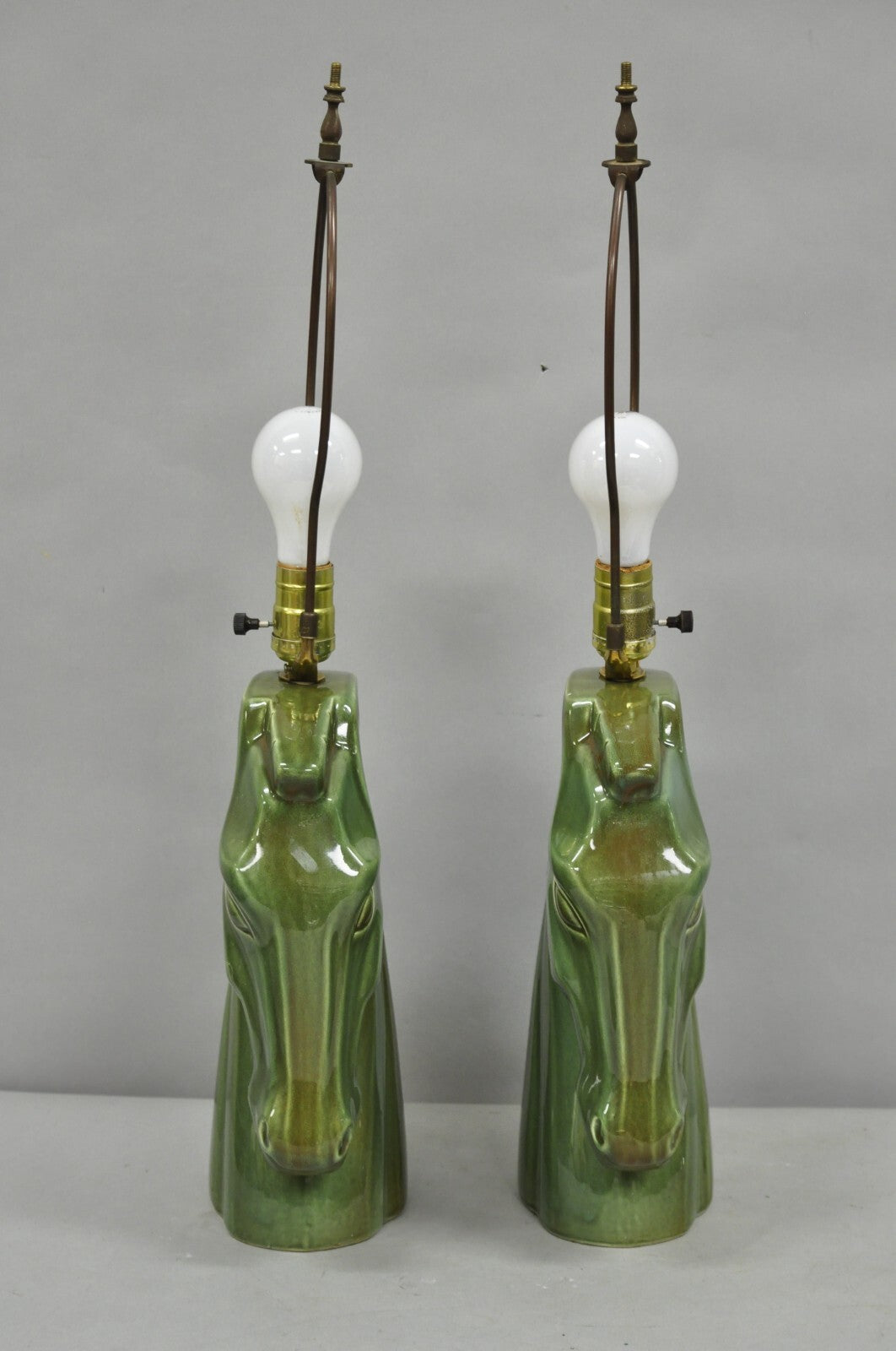 Vintage Mid Century Modern Green Glazed Ceramic Horse Head Table Lamps - a Pair