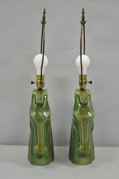 Vintage Mid Century Modern Green Glazed Ceramic Horse Head Table Lamps - a Pair