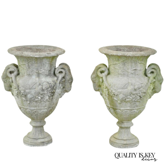 French Neoclassical 28" Concrete Figural Cherub Rams Garden Planters - a Pair