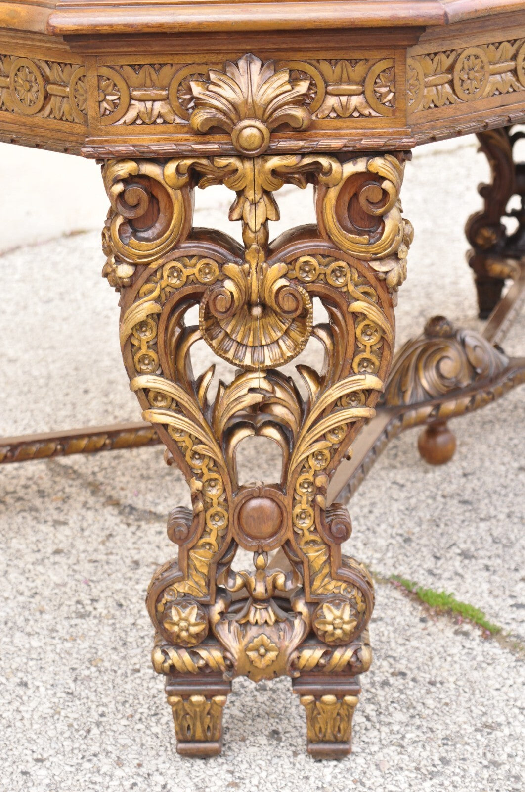 Antique French Baroque Rococo Revival Carved Walnut Dining Table w/ 2 Leaves