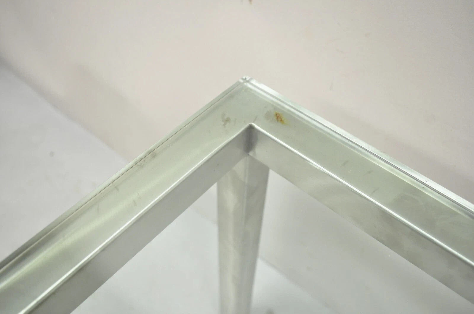 Mid Century Modern Brushed Metal Glass Top Milo Baughman Style Side Table