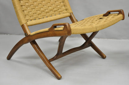 Vintage Mid Century Modern Woven Rope Wooden Folding Lounge Chair - a Pair