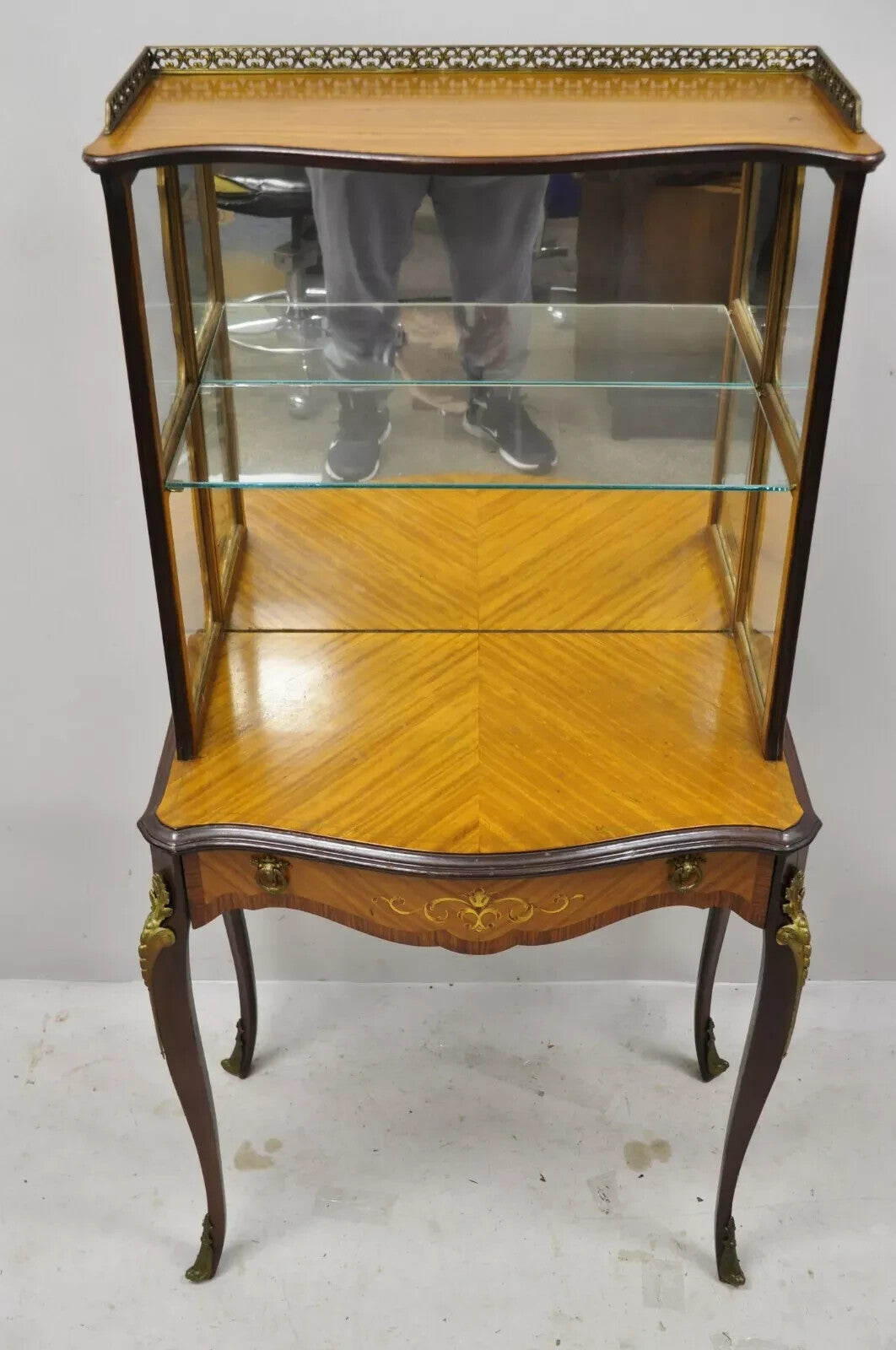 Antique French Louis XV Style Petite Curio Etagere with Satinwood Inlay & Mirror