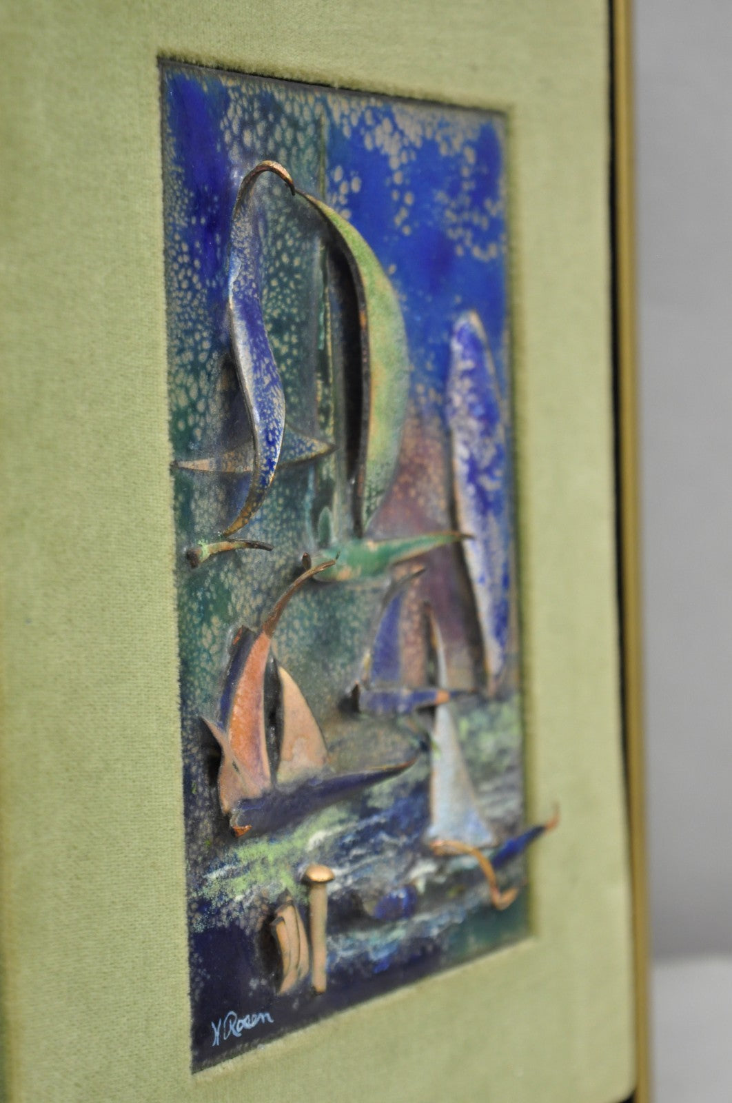 Vintage Mid Centuy Modern Enameled Copper Clipper Ship Art Painting by M. Rosen