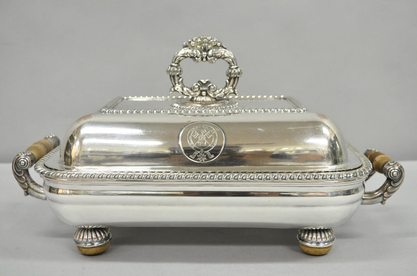 Antique English Georgian Silver Plated Covered Chafing Dish on Wooden Bun Feet