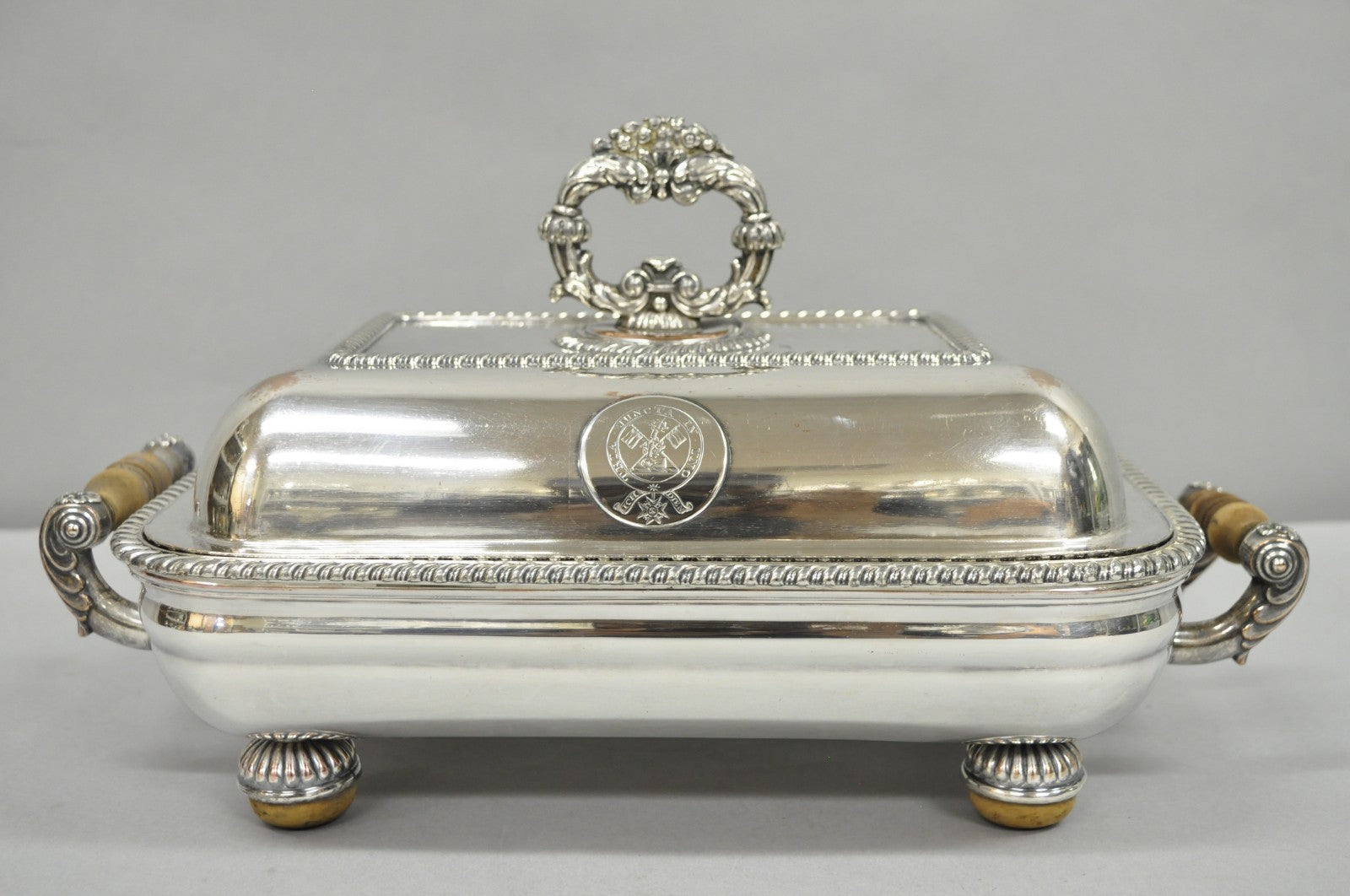 Antique English Georgian Silver Plated Covered Chafing Dish on Wooden Bun Feet