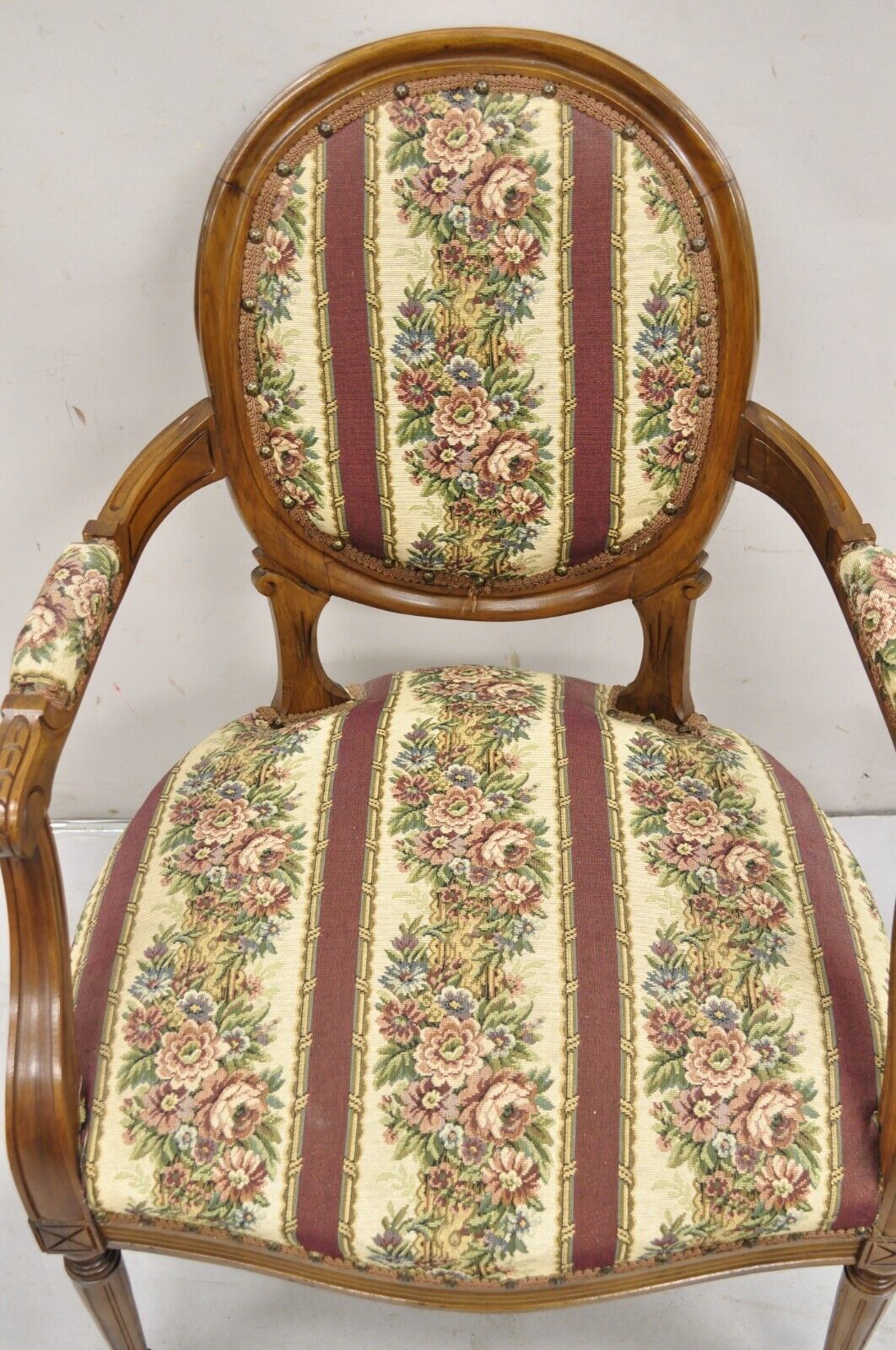 Vintage JB Van Sciver French Louis XV Style Carved Walnut Upholstered Arm Chair