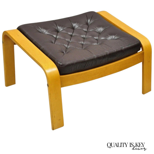 Vintage Noboru Nakamura Poang for Ikea Bentwood Brown Leather Footstool Ottoman