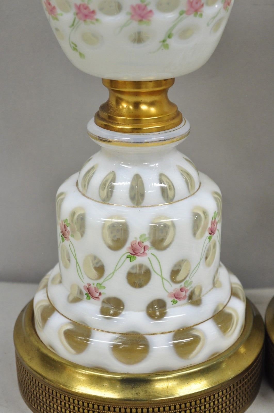 Antique Victorian White Czech Bohemian Rose Pink Painted Table Lamps - a Pair