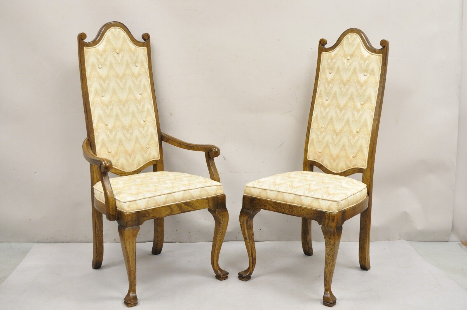 Vintage Italian Provincial Hollywood Regency Oak Wood Dining Chairs - Set of 8