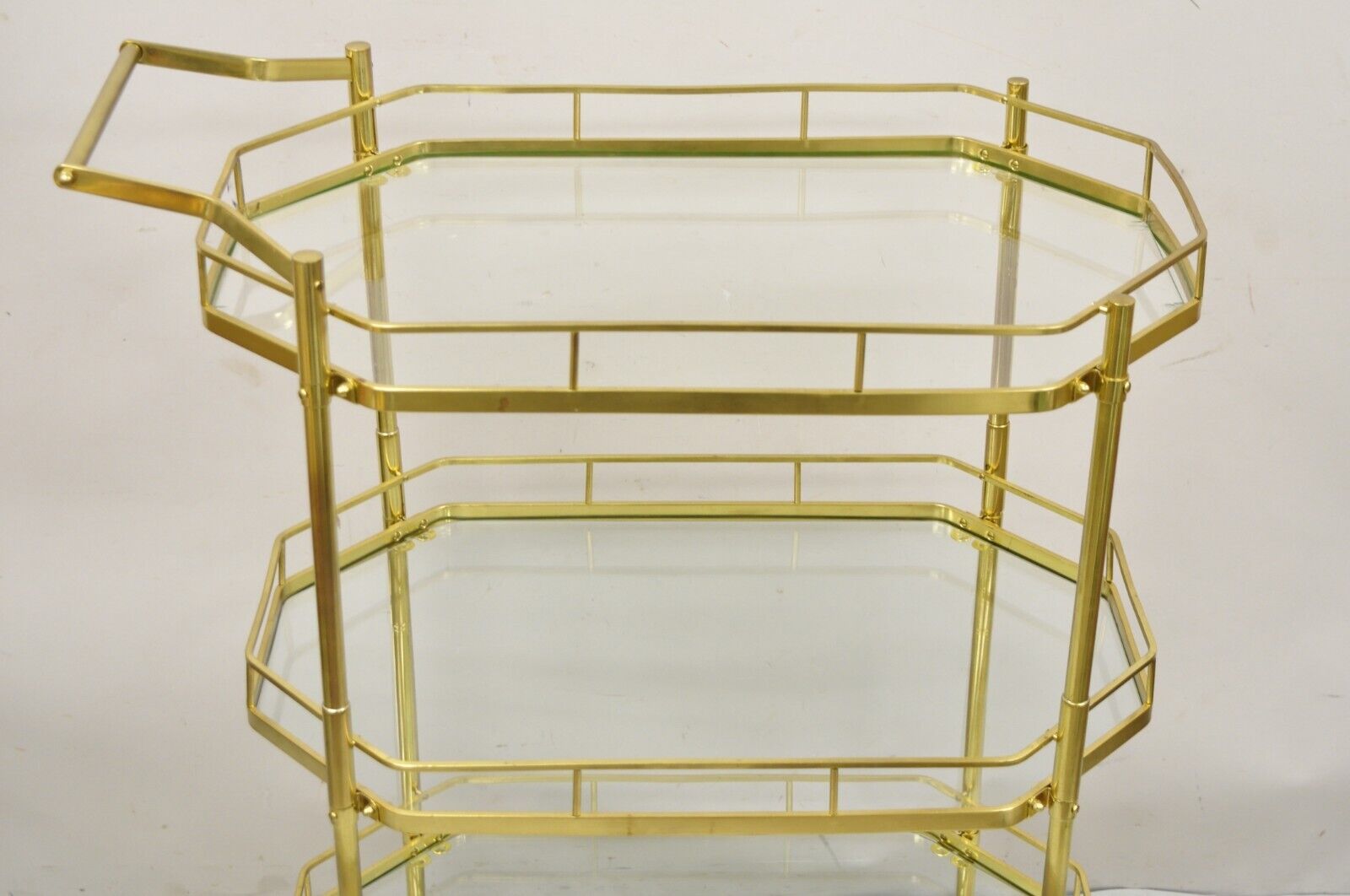 Mid Century Italian Modern Brass and Glass 3 Tier Rolling Bar Cart Serving Table
