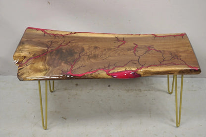 Live Edge Black Walnut Surfboard Coffee Table Red Resin Lacquer Hairpin Legs
