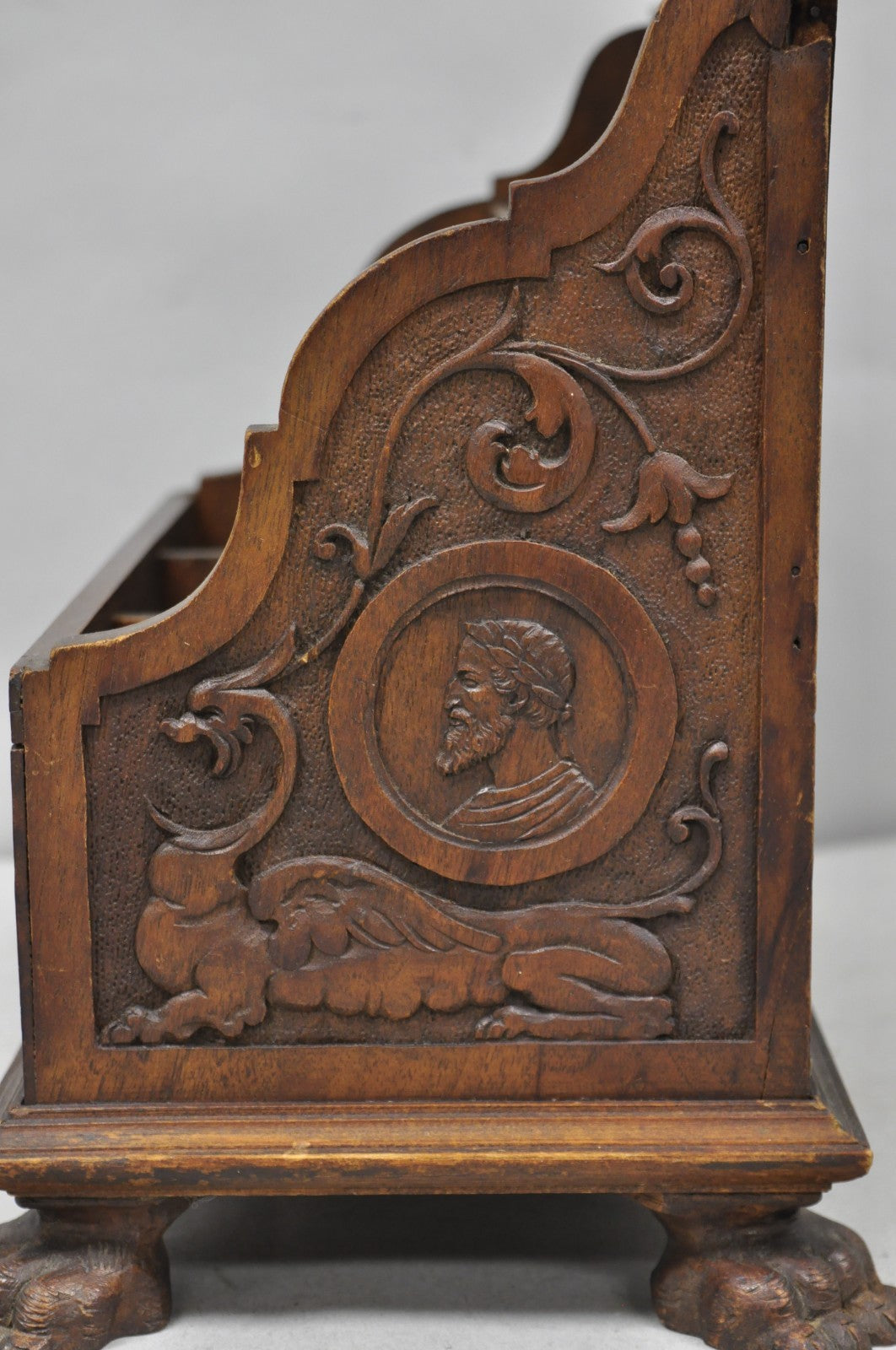 Antique Italian Renaissance Figural Carved Walnut Paw Foot Desk Letterbox