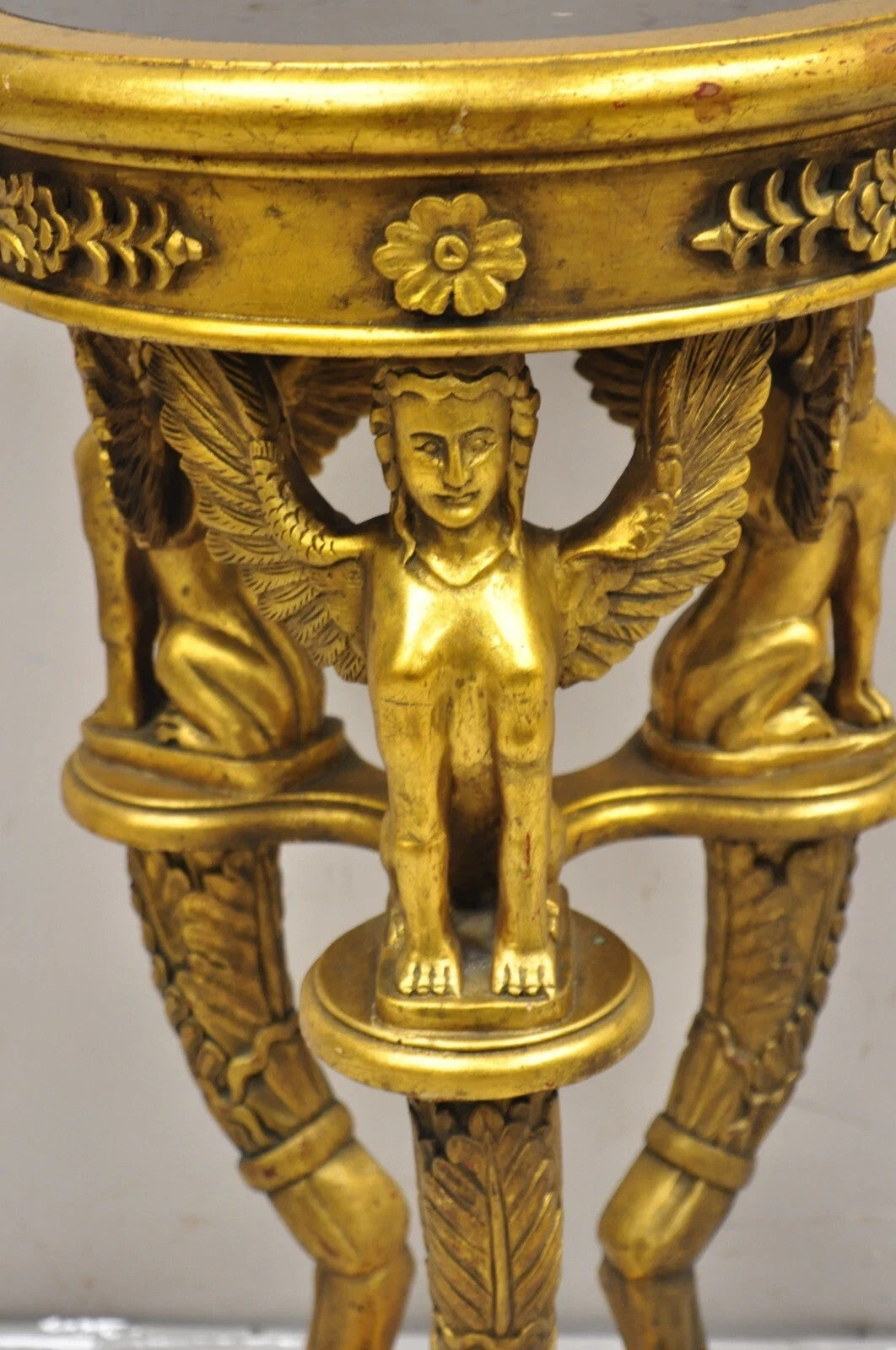 Egyptian Revival Gold Giltwood Marble Top Sphinx Pedestal Side Table Plant Stand