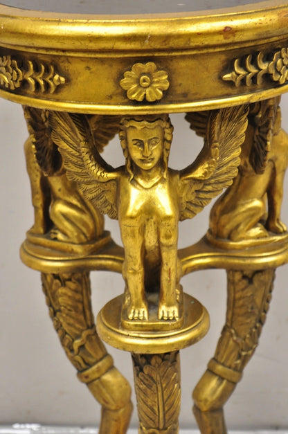 Egyptian Revival Gold Giltwood Marble Top Sphinx Pedestal Side Table Plant Stand