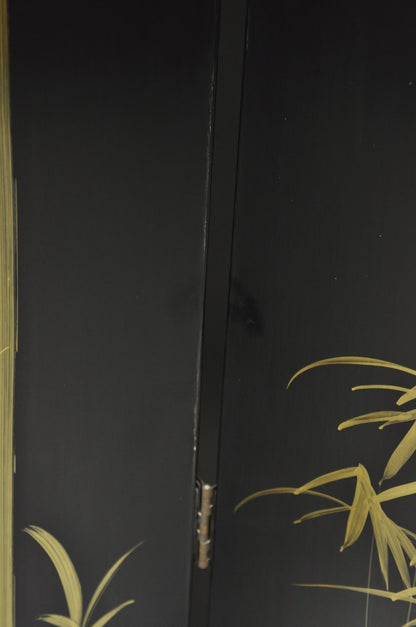 Decorator Chinoiserie Black Lacquer Oriental Painted 4 Panel Room Divider Screen
