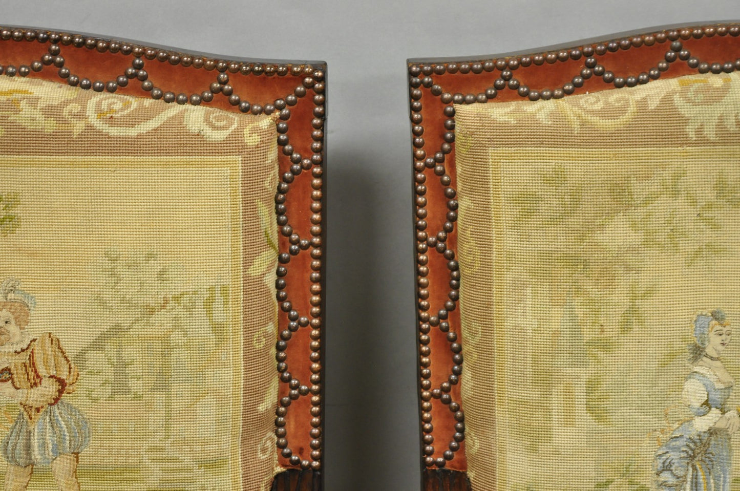 Antique French Louis XIV Style Needlepoint Tapestry Carved Walnut Arm Chair Pair