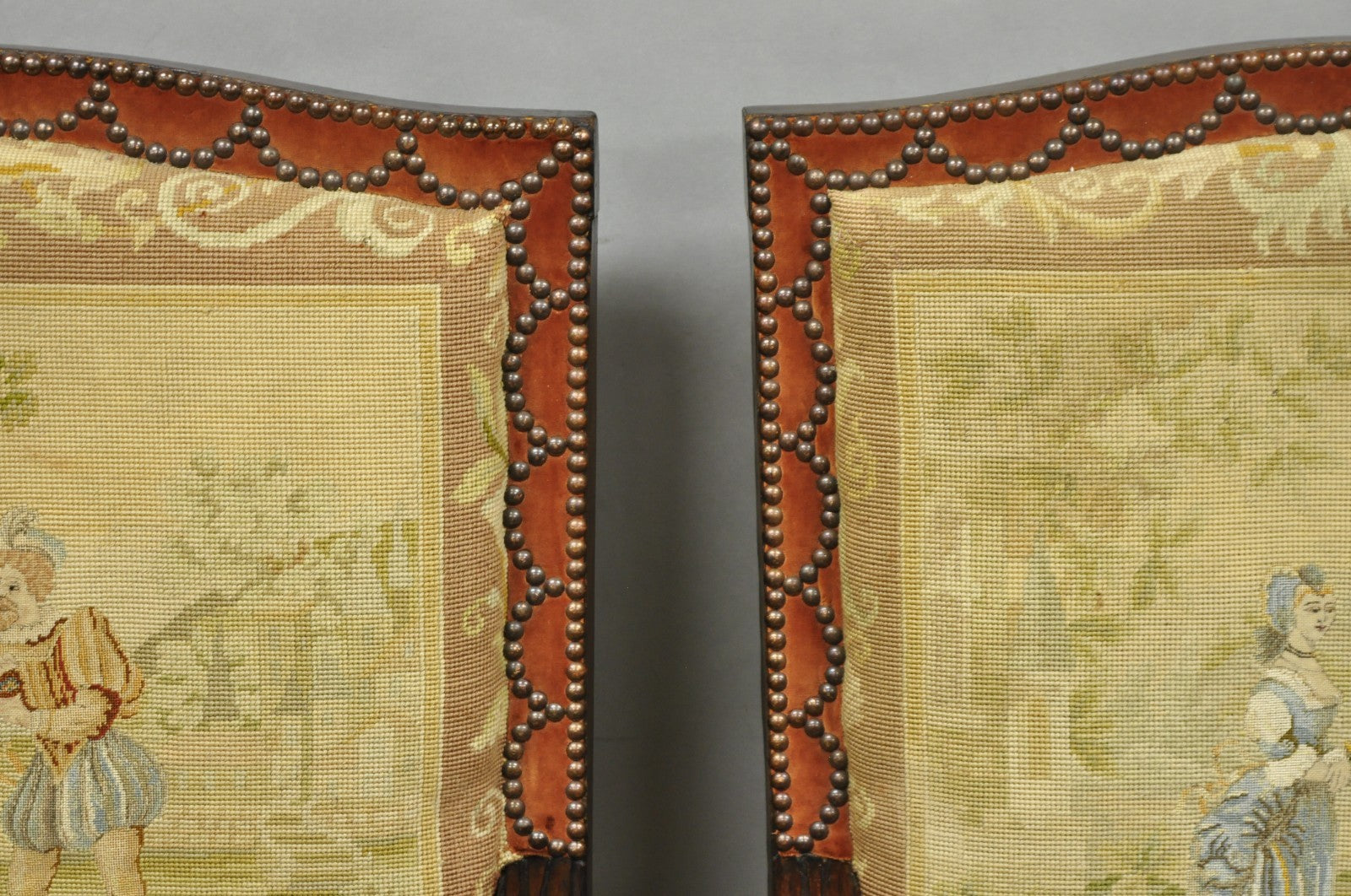 Antique French Louis XIV Style Needlepoint Tapestry Carved Walnut Arm Chair Pair