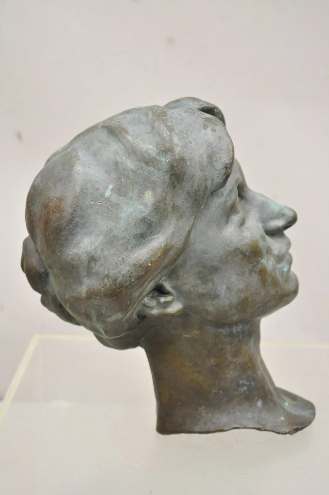 Vintage Patinated Cast Bronze Bust Statue Sculpture of Woman with Pinned Hair