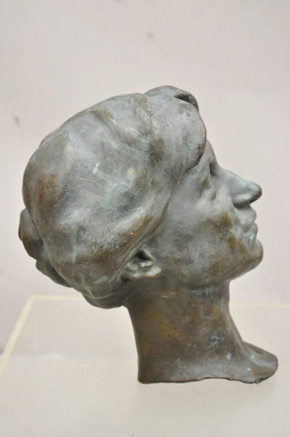Vintage Patinated Cast Bronze Bust Statue Sculpture of Woman with Pinned Hair